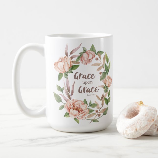 Caneca De Café Grace Sobre Grace - John 1:16 - Floral (Com Donut)