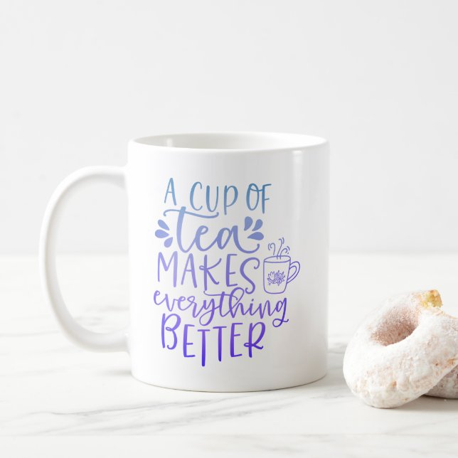 Caneca De Café Gradiente Azul Roxo Citação para Amantes de Chá (Com Donut)