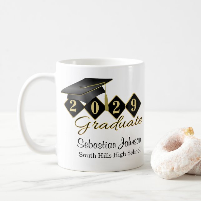 Caneca De Café Graduação Personalizada Preta e Dourada 20XX (Com Donut)