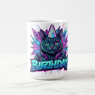 Caneca De Café Gráficos de Festa de Aniversário de Gato Cyberpunk