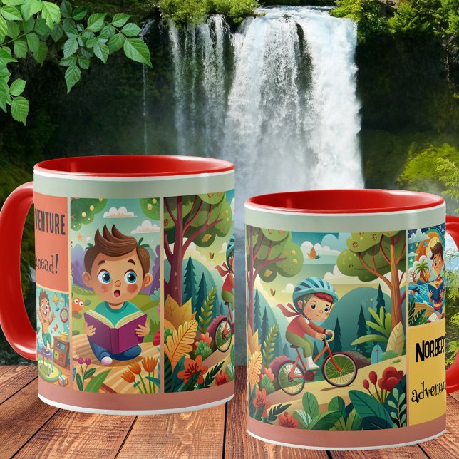 Caneca De Café Gráficos Personalizados De Crianças Bonitas Advent (Kids adventure mug featuring your custom illustrations on a colorful background)
