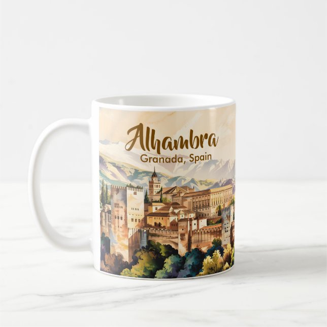 Caneca De Café Granada Espanha Alhambra Antiga Aquarela Viagem (Esquerda)