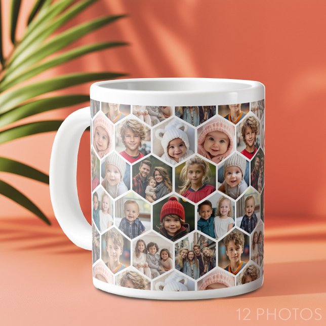Caneca De Café Grande 12 Colagem de Fotos - padrão hexágono funky (12 photo personalized coffee mug)