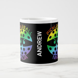 Caneca De Café Grande 20oz Ninja de picleball arco-íris com nome