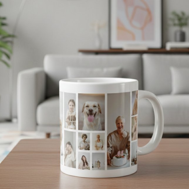 Caneca De Café Grande 21 Família de Colagem de Fotos Personalizada (21 Photo Collage Family Personalized Giant Coffee Mug by Ricaso. add your own photographs, gift idea)