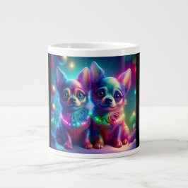 Caneca De Café Grande 2 Filhotes de Chihuahua em Cena Colorida de Natal