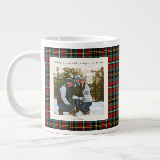 Caneca De Café Grande 2 Photo Green Red Plaid Monogram Rustic Christmas (Esquerda)