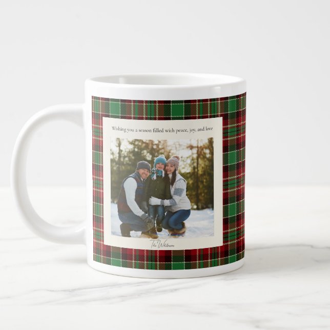 Caneca De Café Grande 2 Photo Green Red Plaid Rustic Monogram Christmas (Esquerda)