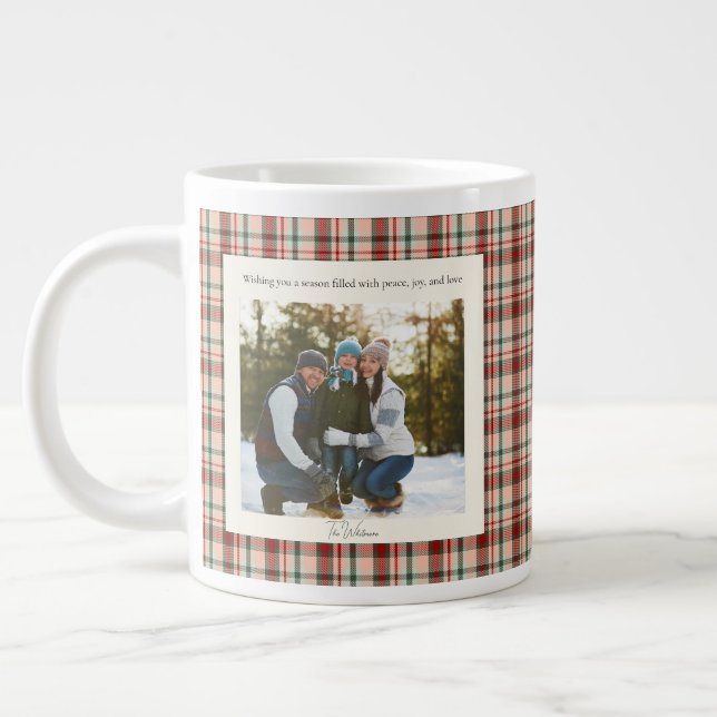Caneca De Café Grande 2 Photo Rustic Green Red Plaid Monogram Christmas (Esquerda)