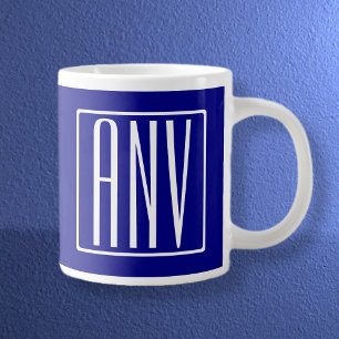 Caneca De Café Grande 3 iniciais monograma Azul marinho & Branco