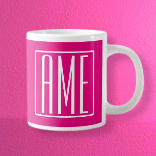 Caneca De Café Grande 3 Iniciais Monograma Branco Sobre Rosa Vibrante