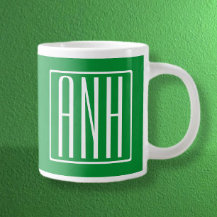 Caneca De Café Grande 3 Monograma de Iniciais Verde e Branco