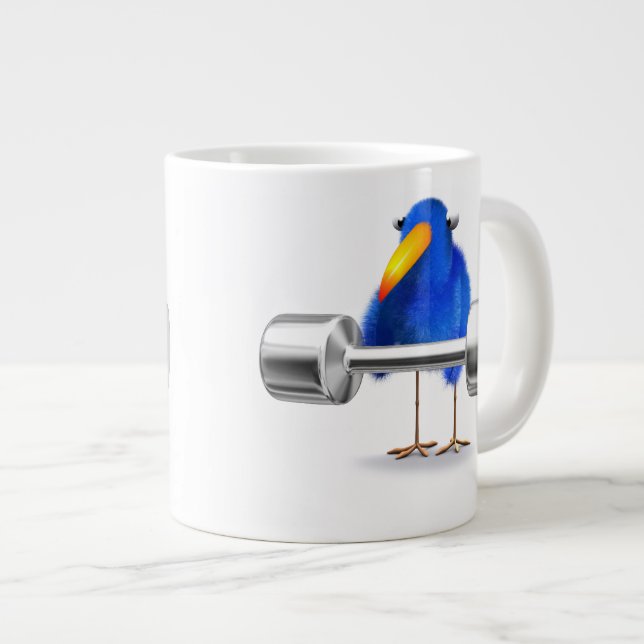 Caneca De Café Grande 3d Elevador de peso azul de aves (Frente Esquerda)