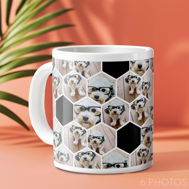 Caneca De Café Grande 6 Colagem de Fotografias - padrão de hexágono funk (6 photo personalized coffee mug in a fun hexagon pattern)