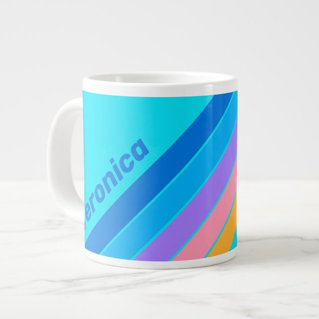 Caneca De Café Grande 80s Neon Ocean Sky Stripes with Name (Frente Esquerda)