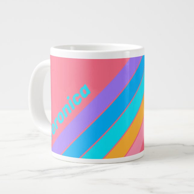 Caneca De Café Grande 80s Neon Sunrise Stripes with Name (Frente Esquerda)