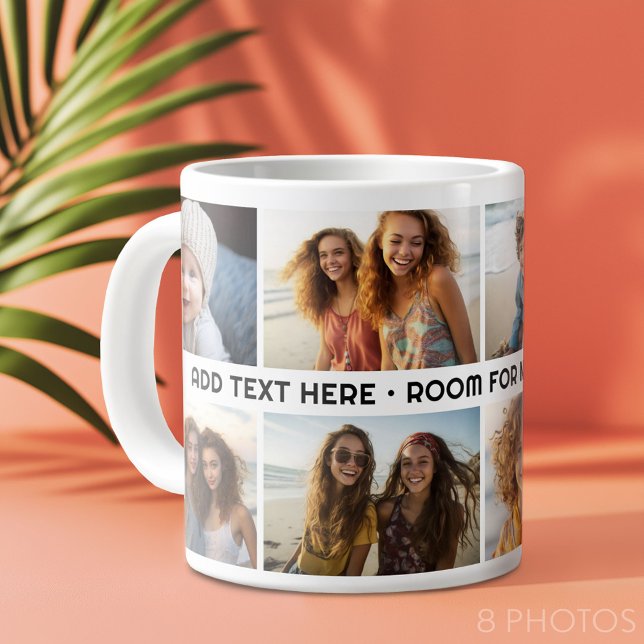 Caneca De Café Grande 8 Colagem de Fotos 1 Linha de Texto — CAN Edit Col (Custom Photo Collage Mug)