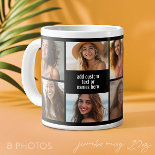 Caneca De Café Grande 8 Colagem de Fotos Minimalista - Grade Preto e Bra