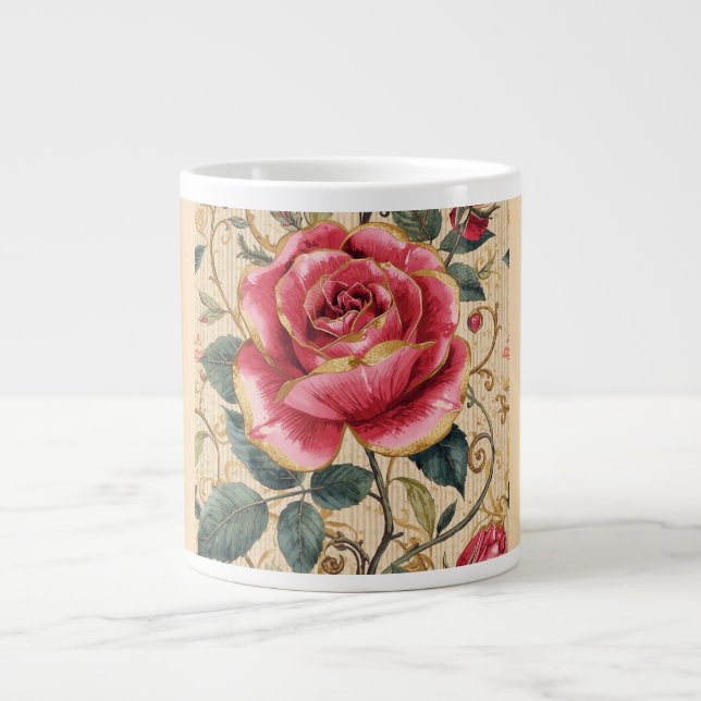 Caneca De Café Grande A Beautiful Shocking Pink Rose, Gold, Luxurious  (Frente)