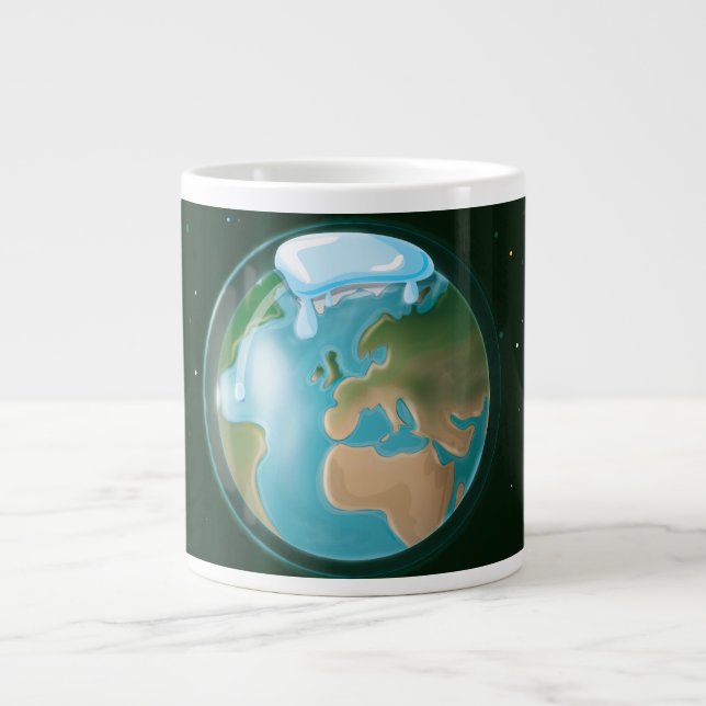 Caneca De Café Grande A Derreter Bonés De Gelo Do Planeta Terra. (Frente)
