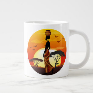 Caneca De Café Grande A linda mulher africana Silhouette sobre os sóis a