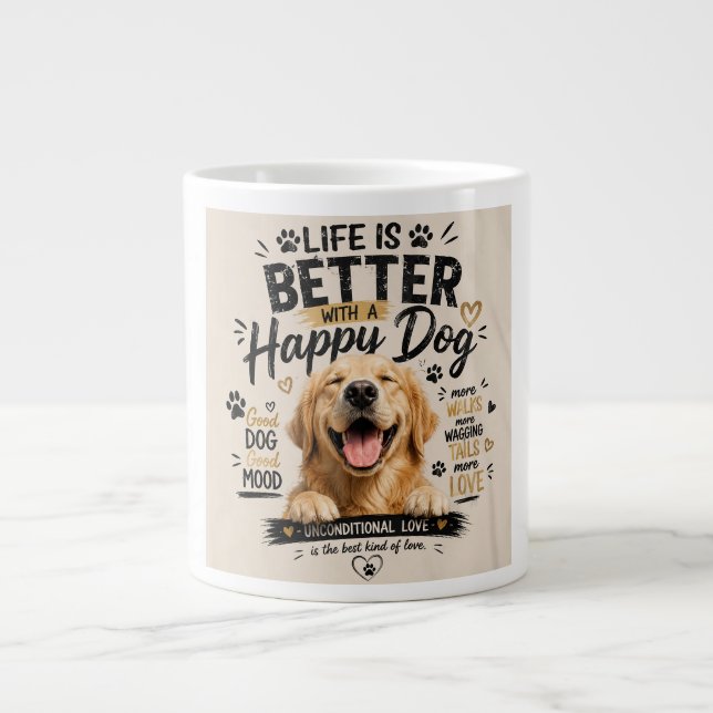 Caneca De Café Grande A Vida é Melhor Com Design de Cães Felizes (Frente)