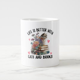 Caneca De Café Grande A vida é melhor com gatos e livros Gato engraçado