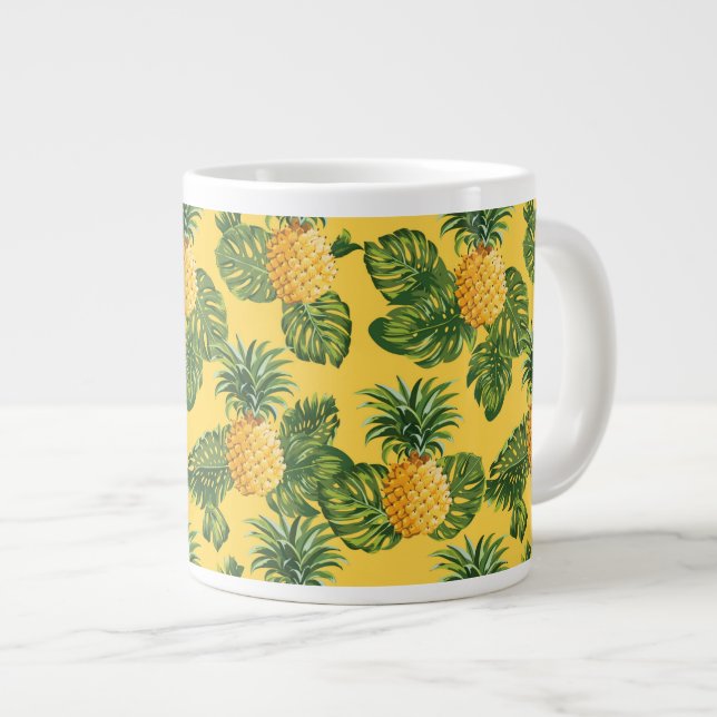 Caneca De Café Grande Abacaxis e Folhas Tropicais Em Dourado (Frente Esquerda)