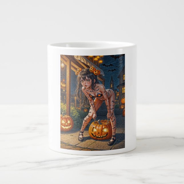 Caneca De Café Grande Abóbora Monstro de Halloween & Garota Raposa Morce (Frente)