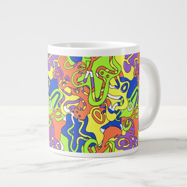 Caneca De Café Grande Abstract Neon Doodle Maze Pattern (Frente Esquerda)