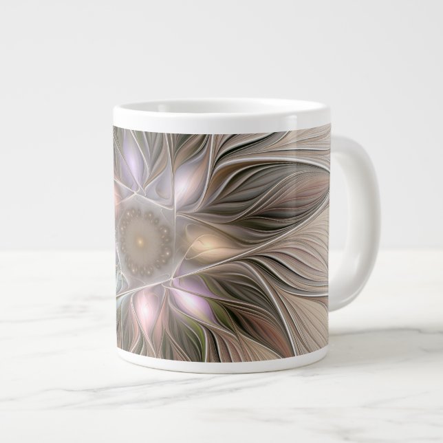 Caneca De Café Grande Abstrato Beige Brown Floral Fractal de Flor Joyful (Frente Esquerda)
