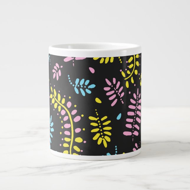 Caneca De Café Grande Abstrato Ferns - amarelo brilhante, rosa, azul (Frente)