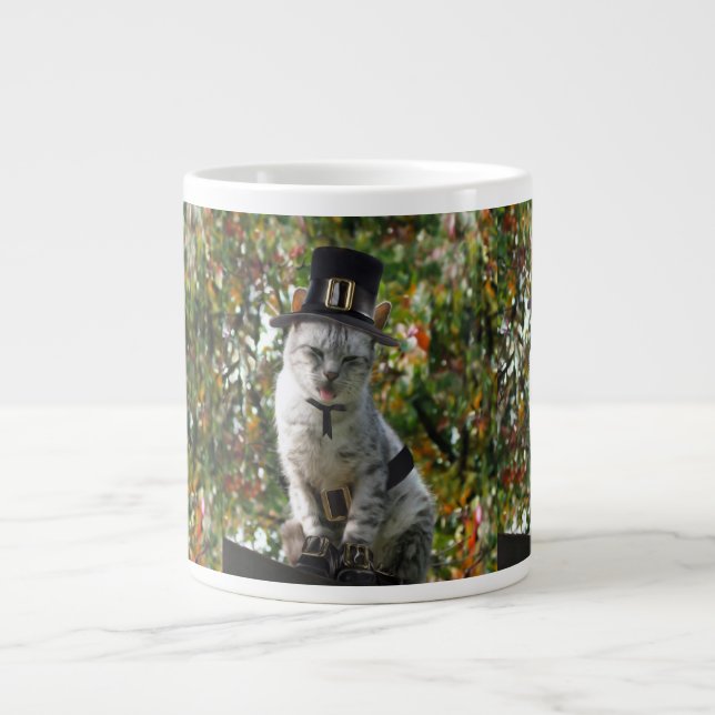 Caneca De Café Grande Ação de Graças de Pilgrim Cat (Frente)