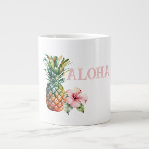 Caneca De Café Grande Aloha Hibisco Flor Abacaxi