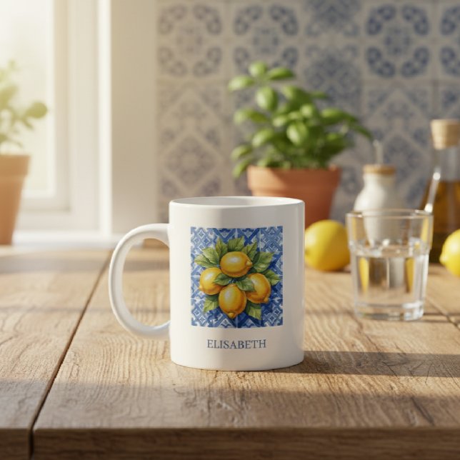 Caneca De Café Grande Amalfi Italy Lemon Blue White Tile Personalized (Criador carregado)