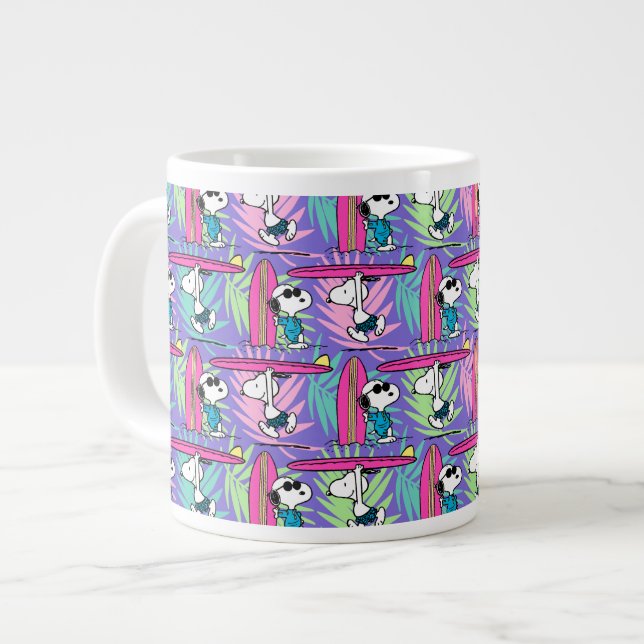 Caneca De Café Grande Amendoins | Padrão de Surf Roxo de Snoopy (Frente Esquerda)