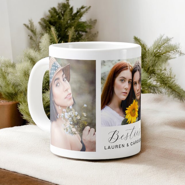 Caneca De Café Grande Amizade de Modelo de 3 Fotografias Besties (Personalize with 3 selected photos and your names for a thoughtful gift for your Bestie!)