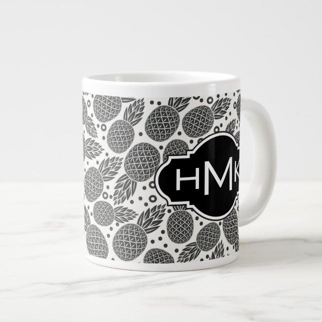 Caneca De Café Grande Ananases monocromáticos| Monograma (Frente Esquerda)