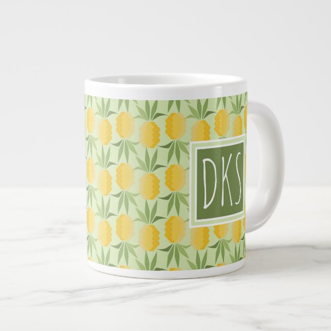 Caneca De Café Grande Ananases Retro| Monograma (Frente Esquerda)