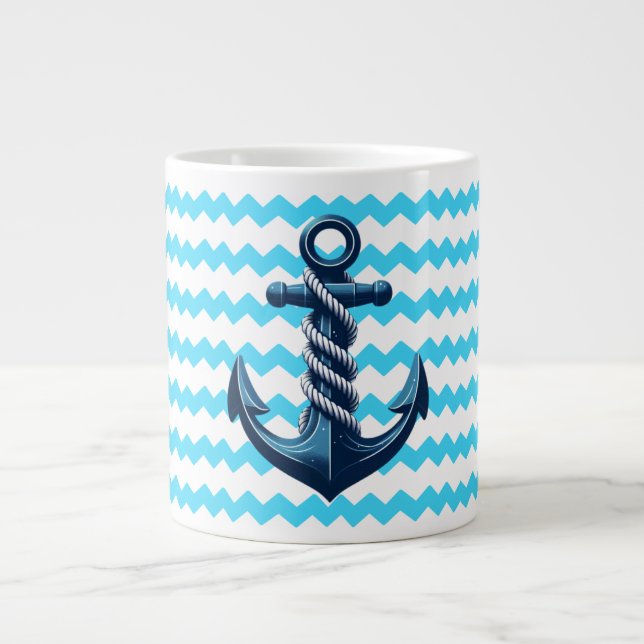 Caneca De Café Grande Âncora azul com ondas azuis (Frente)