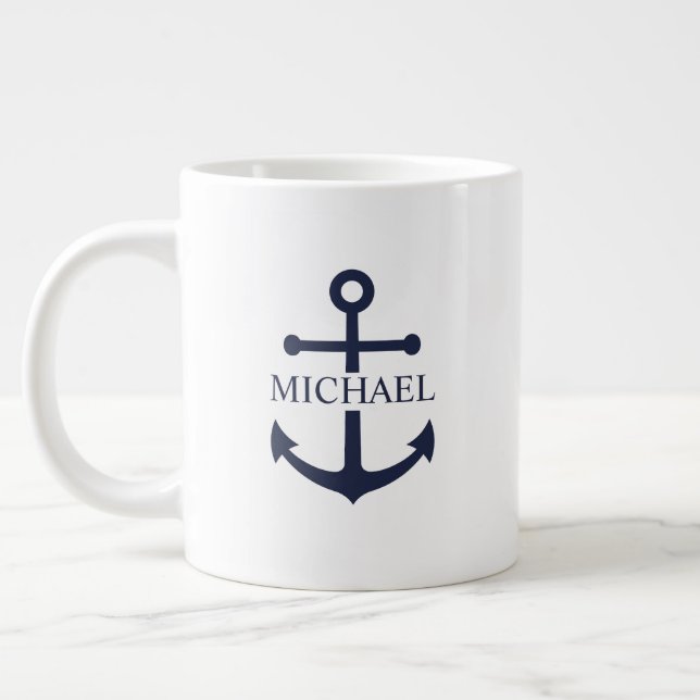 Caneca De Café Grande Âncora Azul Marinho Náutico Nome Personalizado (Esquerda)