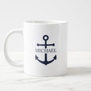 Caneca De Café Grande Âncora Azul Marinho Personalizada Nome