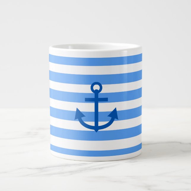 Caneca De Café Grande Âncora Listras Azul e Branco (Frente)