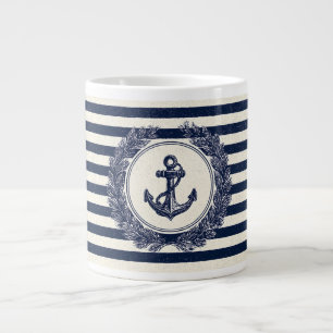 Caneca De Café Grande Âncora náutica e coroa de Laurel em faixas de Mari