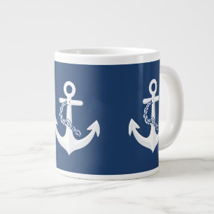 Caneca De Café Grande Âncora Náutica Vela Barco Branco Azul Marinho