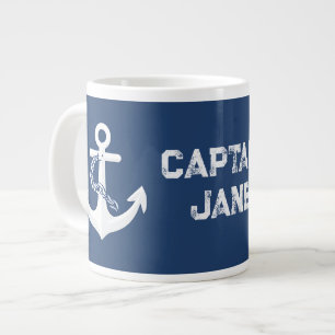 Caneca De Café Grande Âncora Náutica Vela Barco Branco Azul Marinho