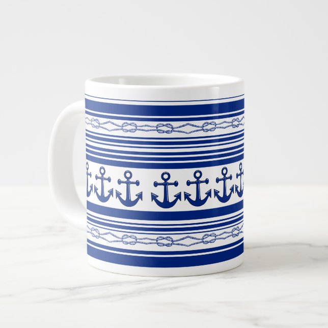 Caneca De Café Grande Âncoras Náuticas E Faixas (Frente Esquerda)