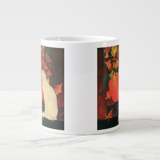 Caneca De Café Grande Animais Antigos, Gato Branco Elegante, Flores de O