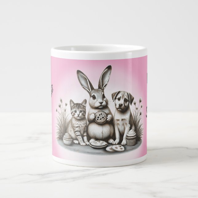 Caneca De Café Grande Animais fofos comendo biscoitos compartilhando rou (Frente)
