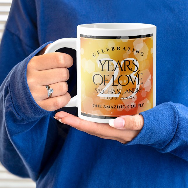 Caneca De Café Grande Aniversário de Casamento Imperial Topaz (23rd wedding anniversary giant mug held by woman sporting a wedding ring and blue sweater.)